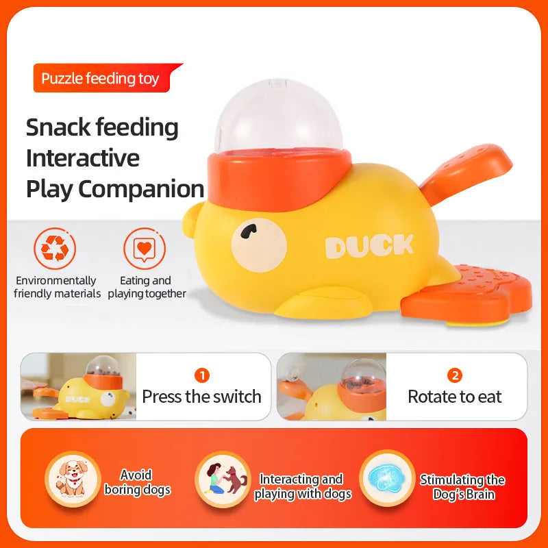 Yellow plastic dog puzzle feeder with cartoon duck design, battery-free interactive treat dispenser