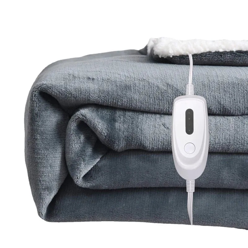 Grey and white USB electric heating blanket with temperature controls on soft flannel fabric