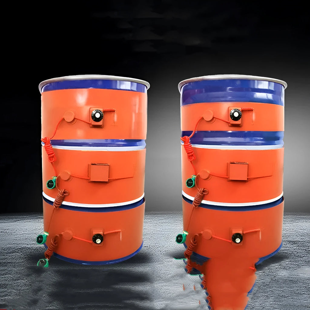 Silicone rubber heating belt wrapped around a 200-litre metal oil drum with digital control unit