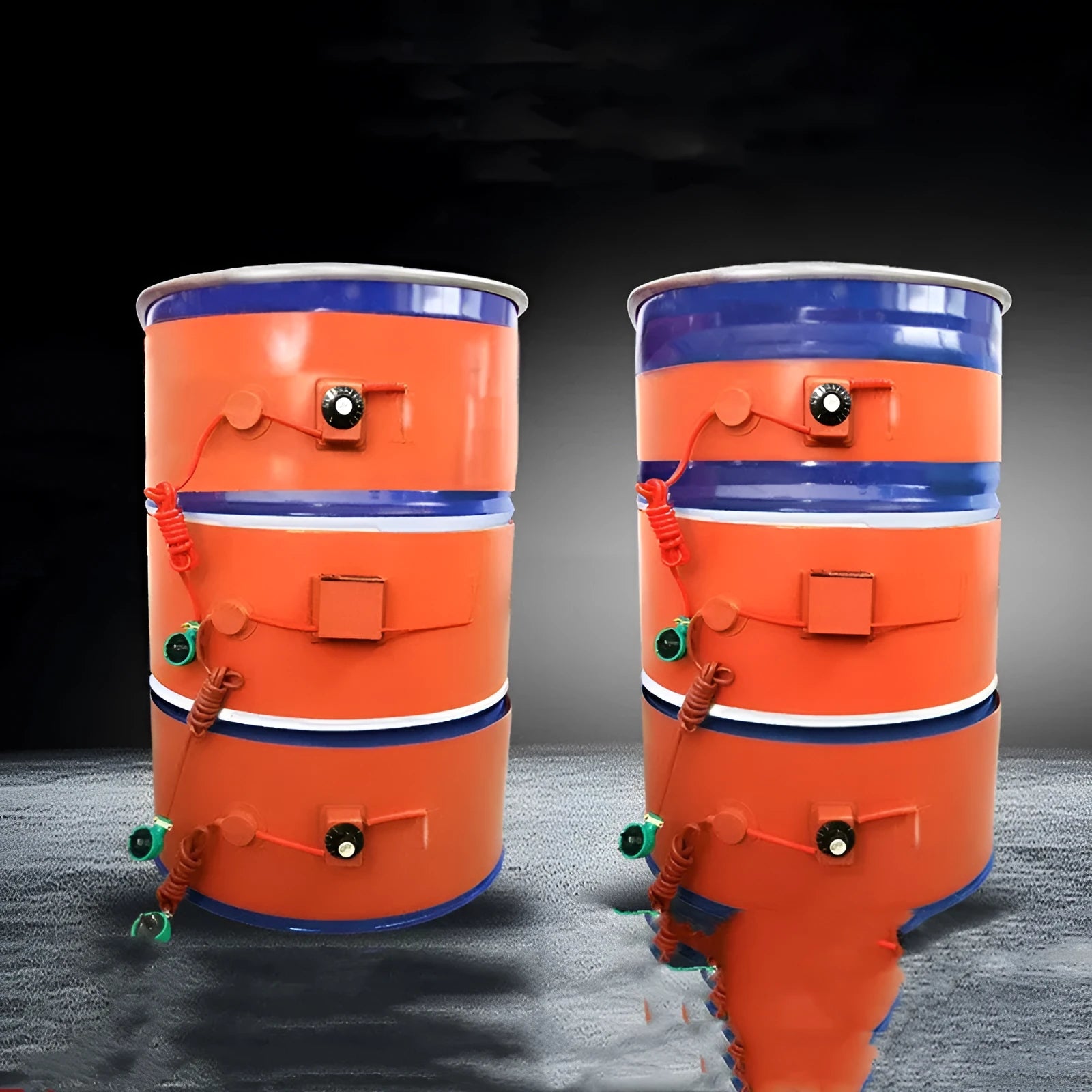 Silicone rubber heating belt wrapped around a 200-litre metal oil drum with digital control unit