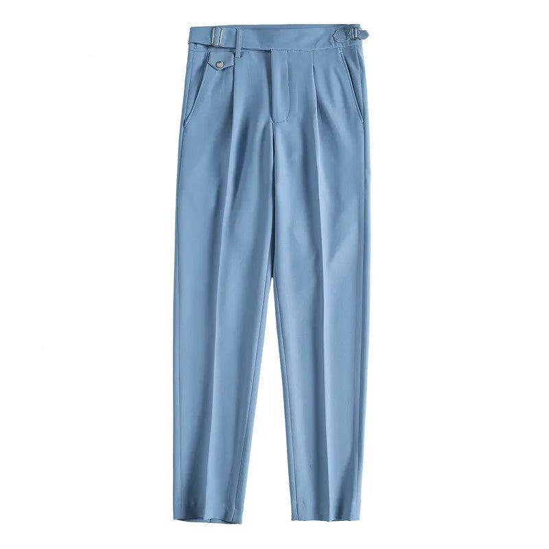 Men's straight-leg polyester casual trousers in solid khaki colour on a hanger.