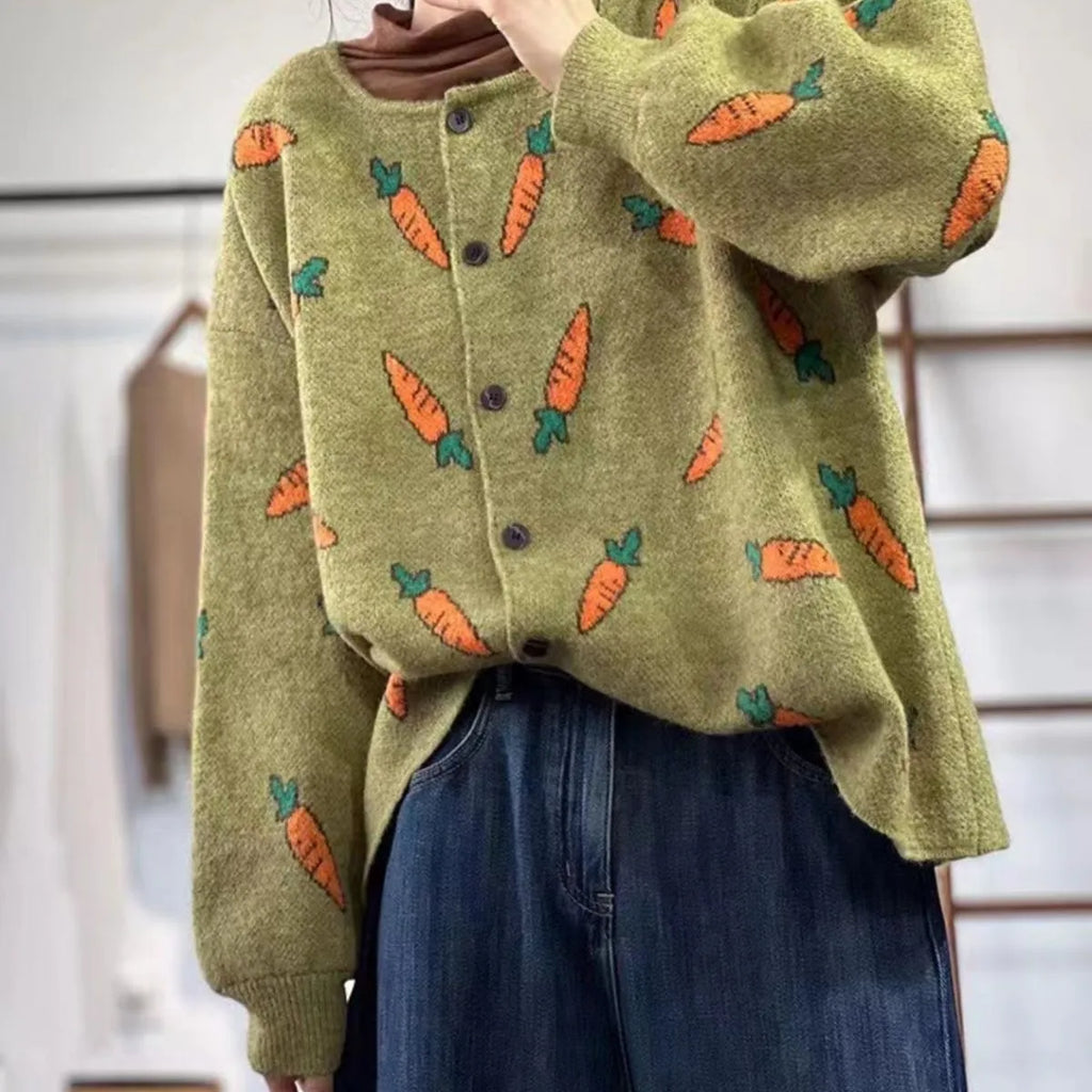 Women's loose fit cardigan with Mori artistic printing in colour contrast design