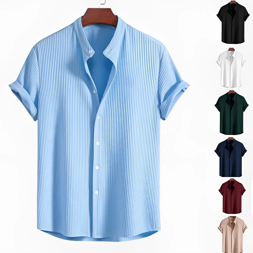 Men's loose fit short sleeve summer shirt in polyester, shown in multiple colour options