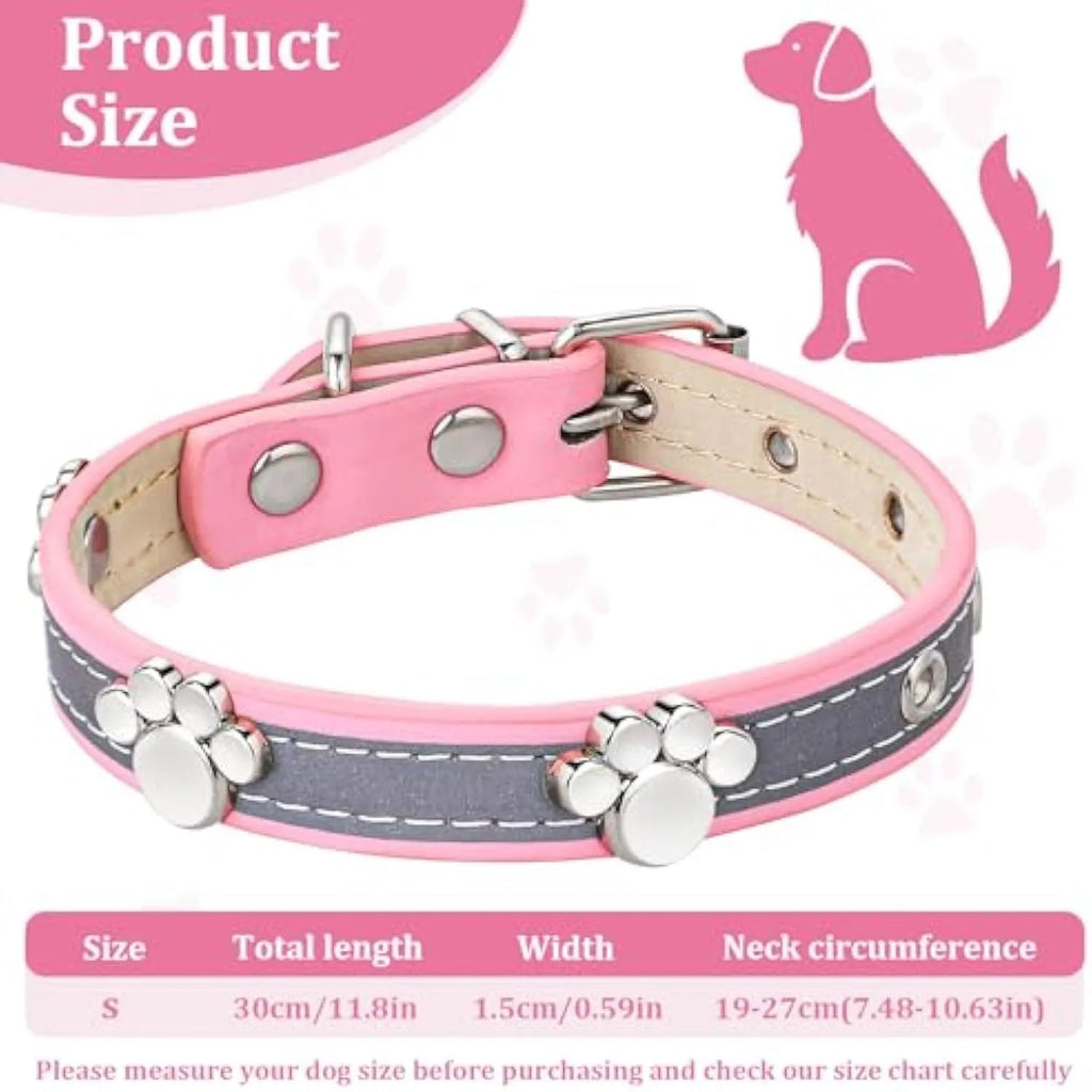 Reflective adjustable PU leather dog collar with paw rivet and metal buckle on a grey background.