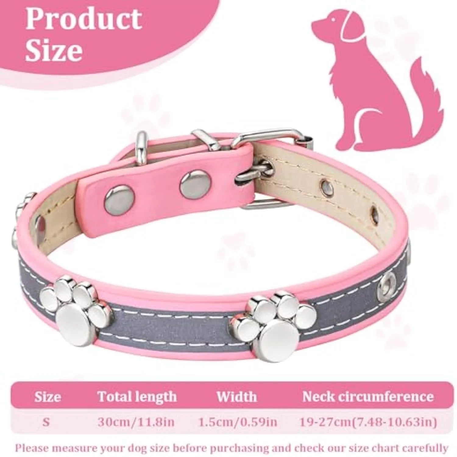 Reflective adjustable PU leather dog collar with paw rivet and metal buckle on a grey background.