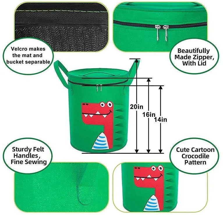 Green felt cube storage bag with pull rope closure lying flat as a play mat.