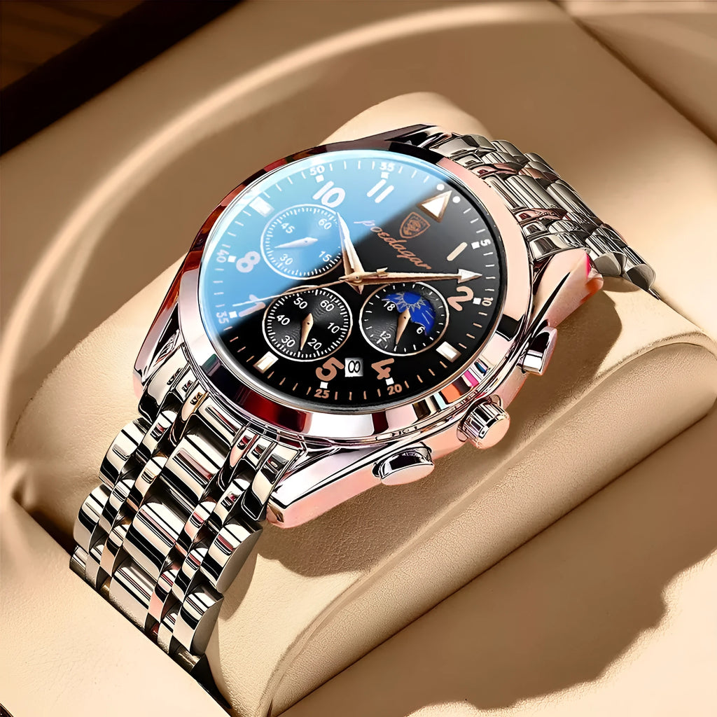 Men's multifunction quartz watch with luminous hands moon phase chronograph 41mm dial 50m waterproof screw crown stainless steel buckle