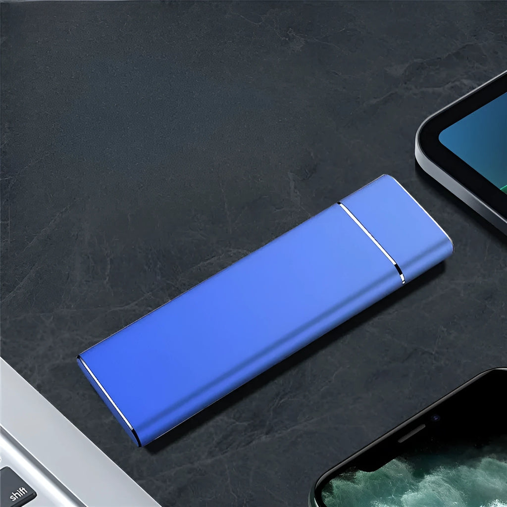 Portable metal external hard disk in Sapphire Blue with USB cable for computer and phone storage expansion