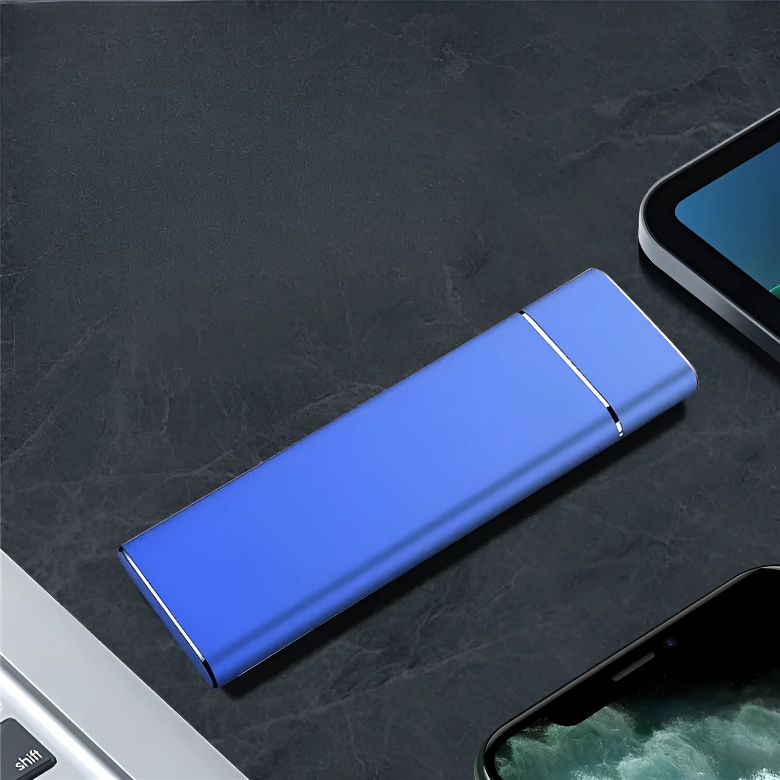 Portable metal external hard disk in Sapphire Blue with USB cable for computer and phone storage expansion