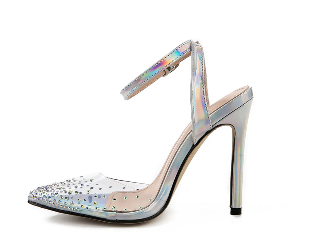 Women's pointed toe stiletto sandals with crystal diamond embellishment on the PVC upper.