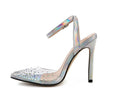 Women's pointed toe stiletto sandals with crystal diamond embellishment on the PVC upper.