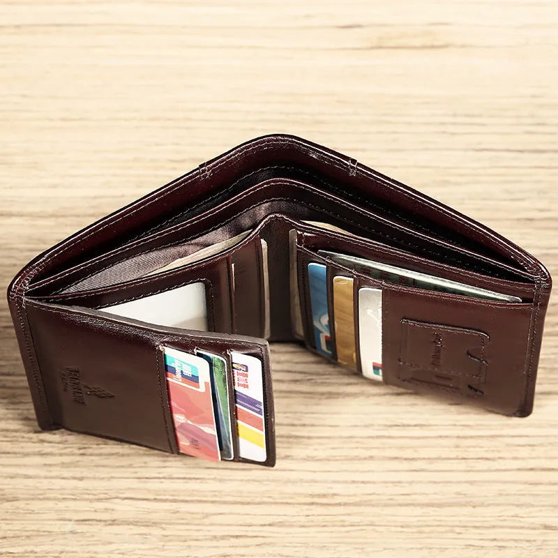 Men's leather wallet open showing photo window, card slots, coin pocket, and banknote compartment.