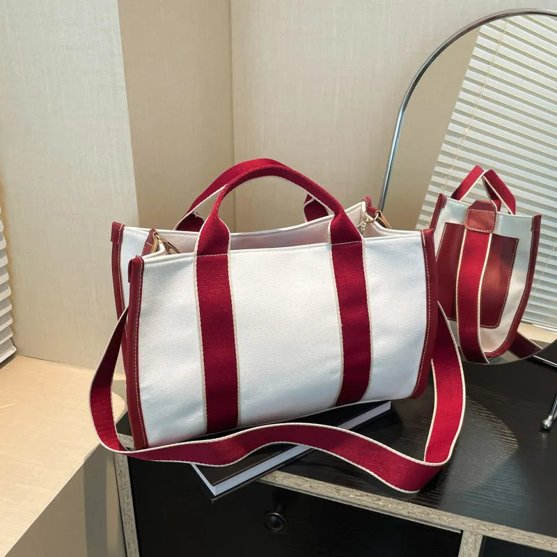 Canvas tote bag for women Korean style large capacity horizontal square shoulder bag in black with spliced design and open pocket