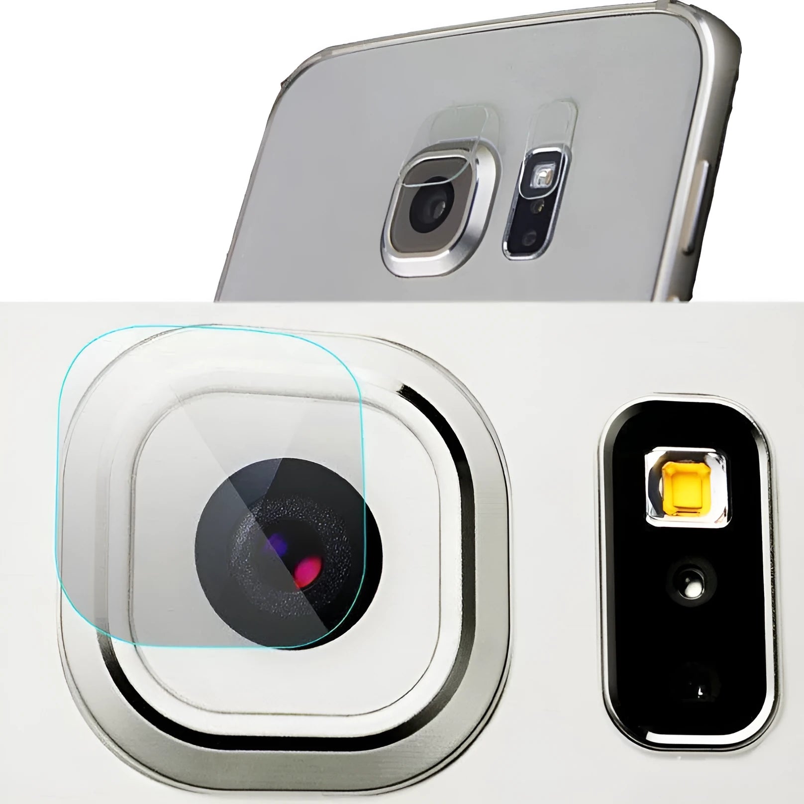 Tempered glass camera lens protector film for Samsung Galaxy smartphones showing lens and flash protection components