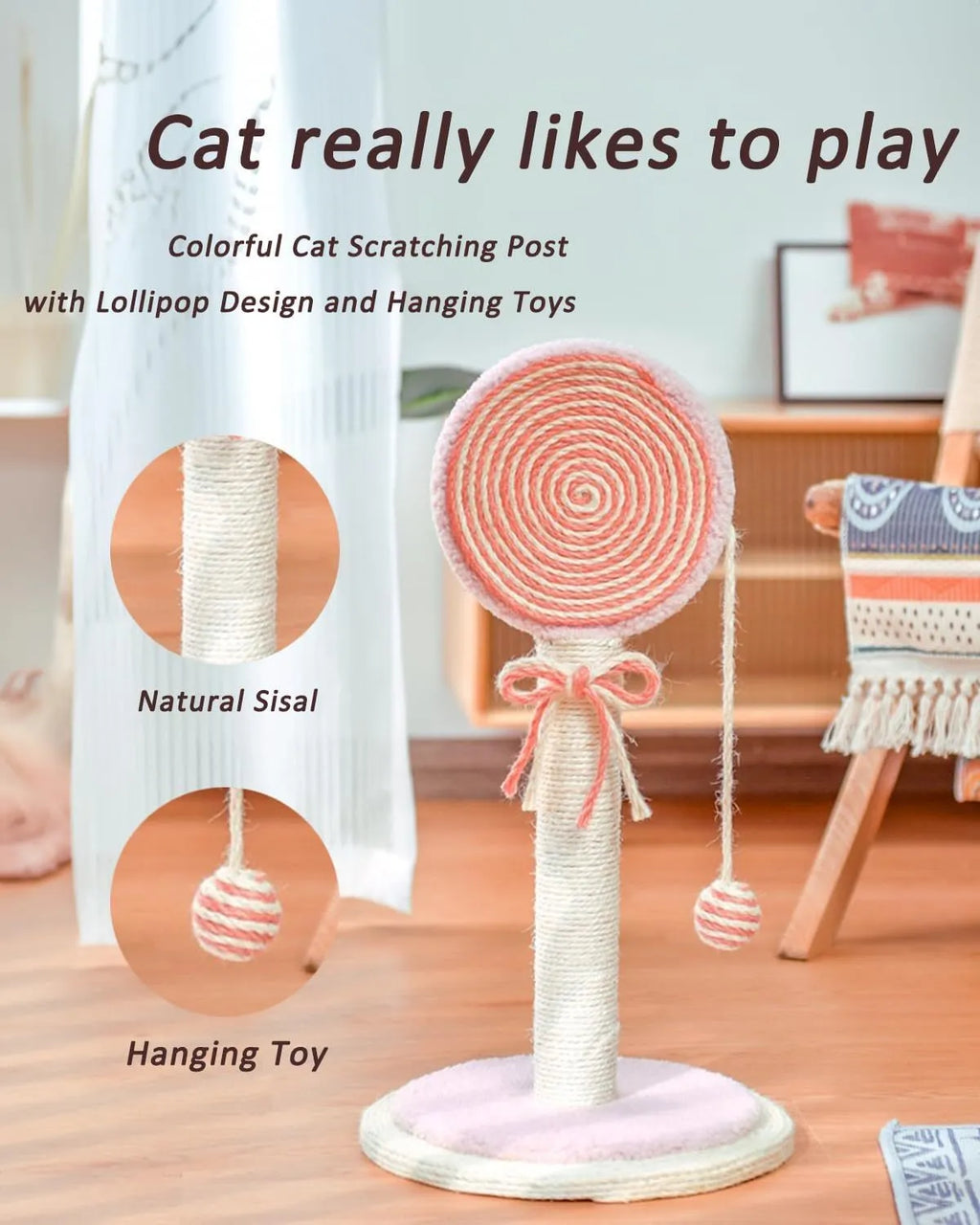 Blue sisal rope cat scratching post with a hanging ball toy on a sturdy wooden base.