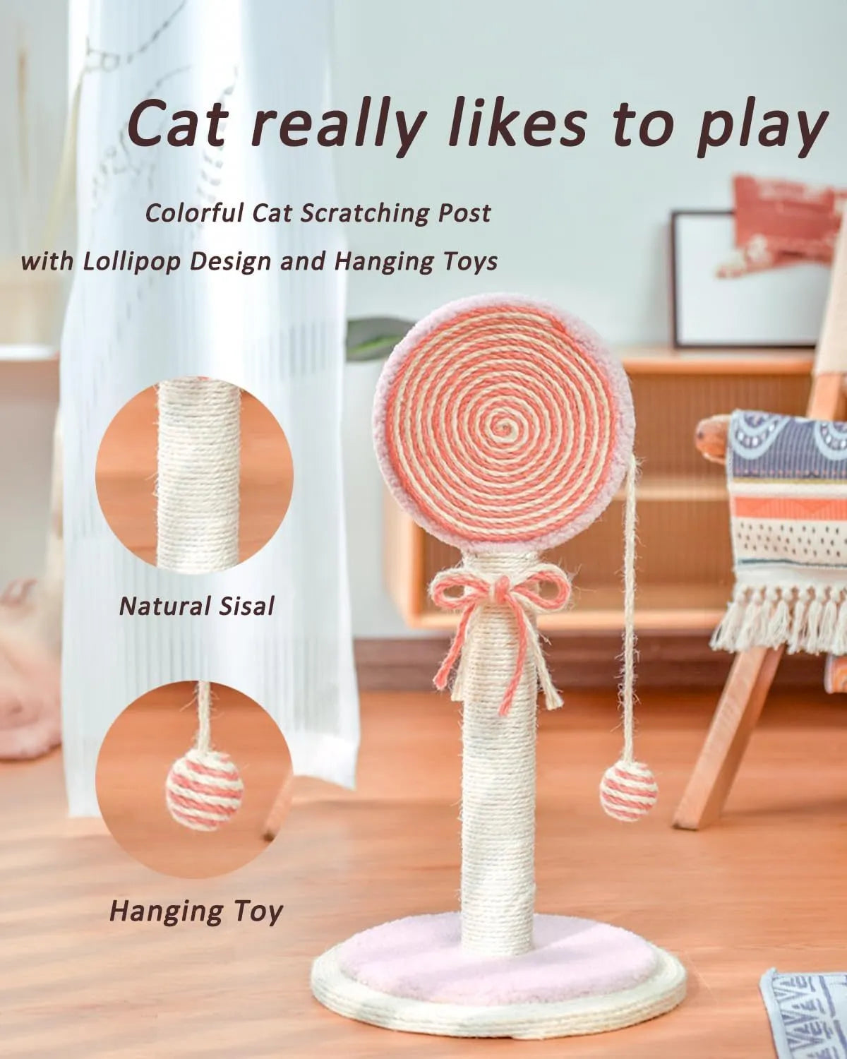 Blue sisal rope cat scratching post with a hanging ball toy on a sturdy wooden base.