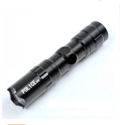 Black aluminium alloy mini LED flashlight showing compact 9.5cm length and 2cm diameter