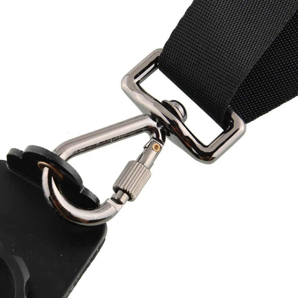 Black professional dual SLR camera shoulder strap with thick padding and metal hardware.