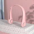 Pink USB rechargeable bladeless neck fan hanging with flexible neckband.