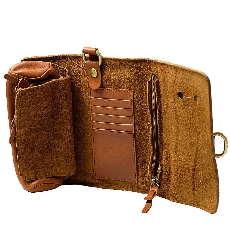 Handmade vintage cow leather wallet in black or dark brown with tape closure.