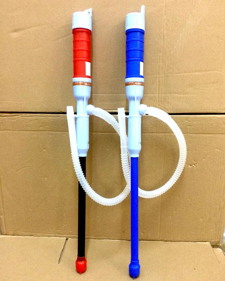 Blue and red manual hand siphon pump for transferring fuel, oil and water