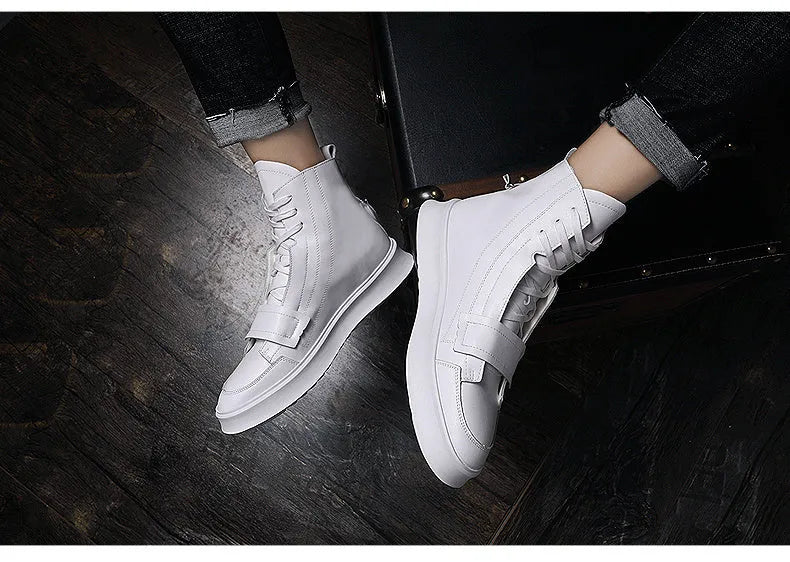 PU leather men's winter ankle boots in high-top sneakers style with microfiber upper, available in black and white colours