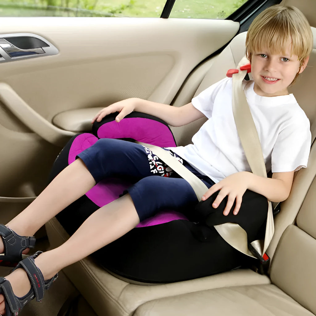 Knitted fabric child booster car seat with HDPE shell and three-point belt installation