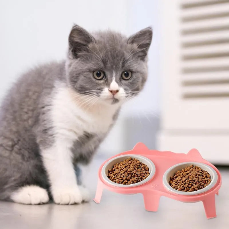 Blue ceramic pet bowl set elevated on a stand with a storage hook, showing food and water bowls.