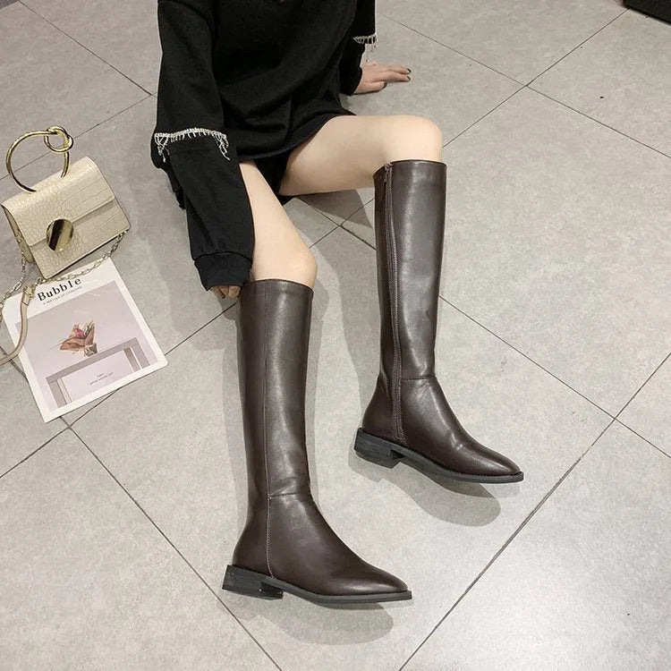 Women's thick heel mid-heel over the knee boots in black with car suture detailing