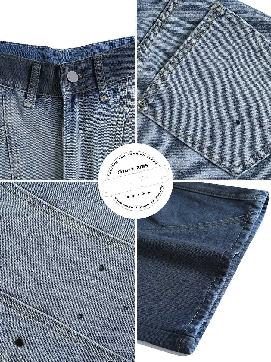 Men's blue tie-dye gradient cropped jeans with loose casual fit and washed-out finish