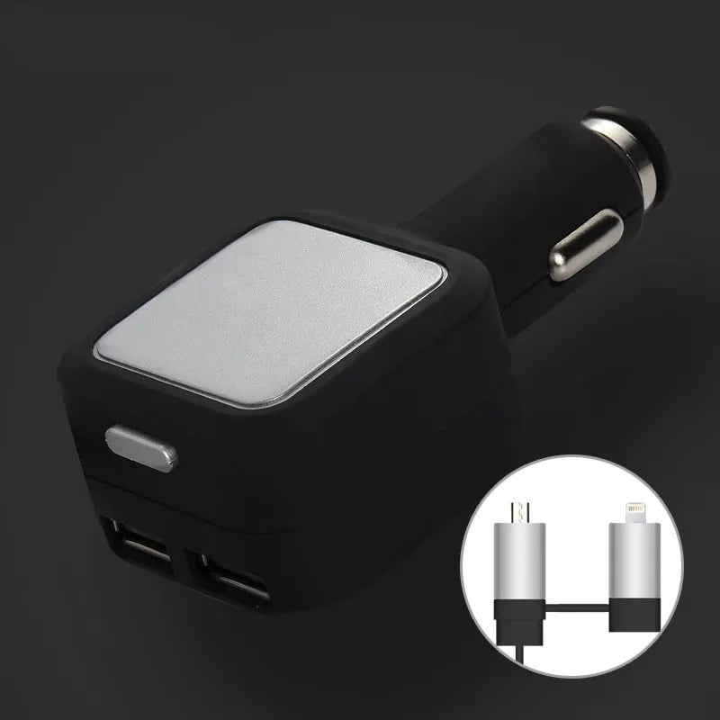 2 in 1 dual USB retractable car charger in black and gold colour showing USB ports and retractable cable