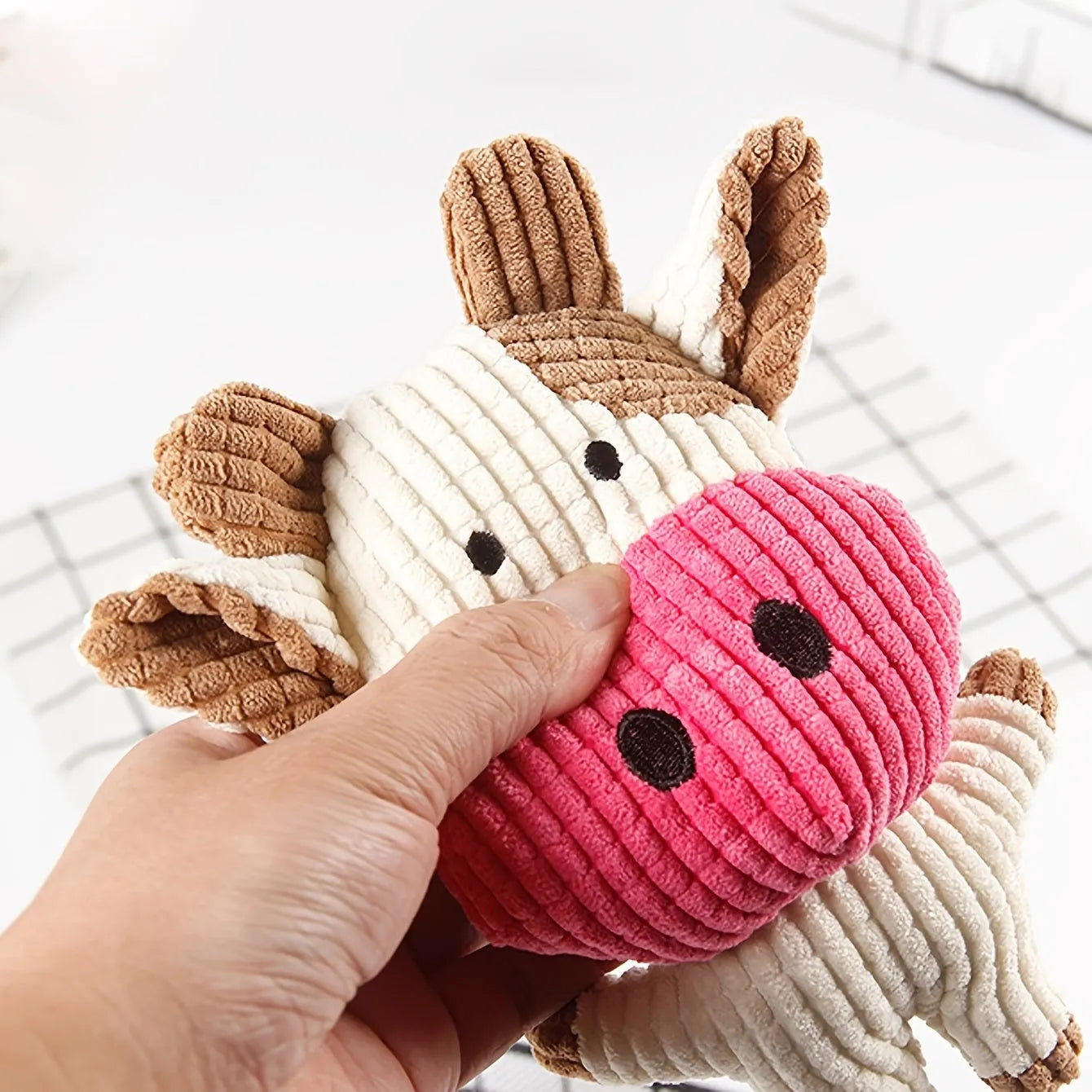 Animal shape plush squeaky dog chew toy with whistle construction in multiple colours