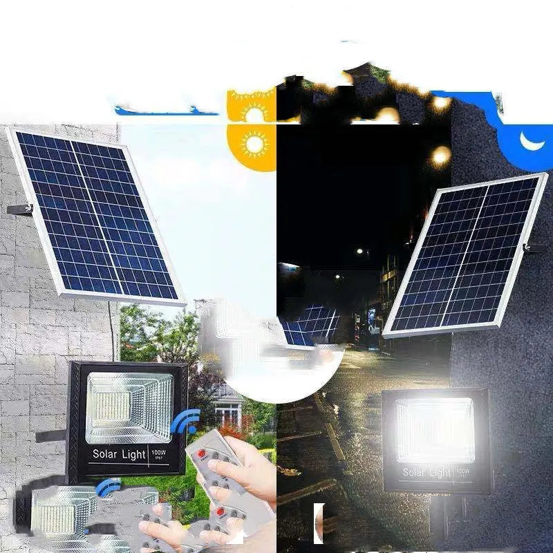 Black solar powered LED flood light for outdoor garden and security lighting with remote control
