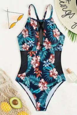 Women's deep V-neck one-piece swimsuit in polyester fabric with solid colour printing