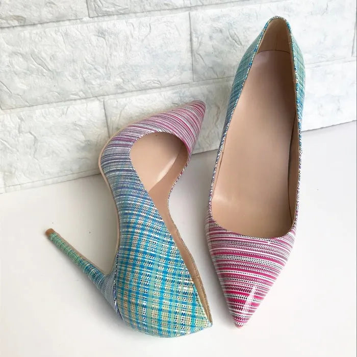 Colourful gradient patent leather ladies high heel shoes with a pointed toe and super high heel.