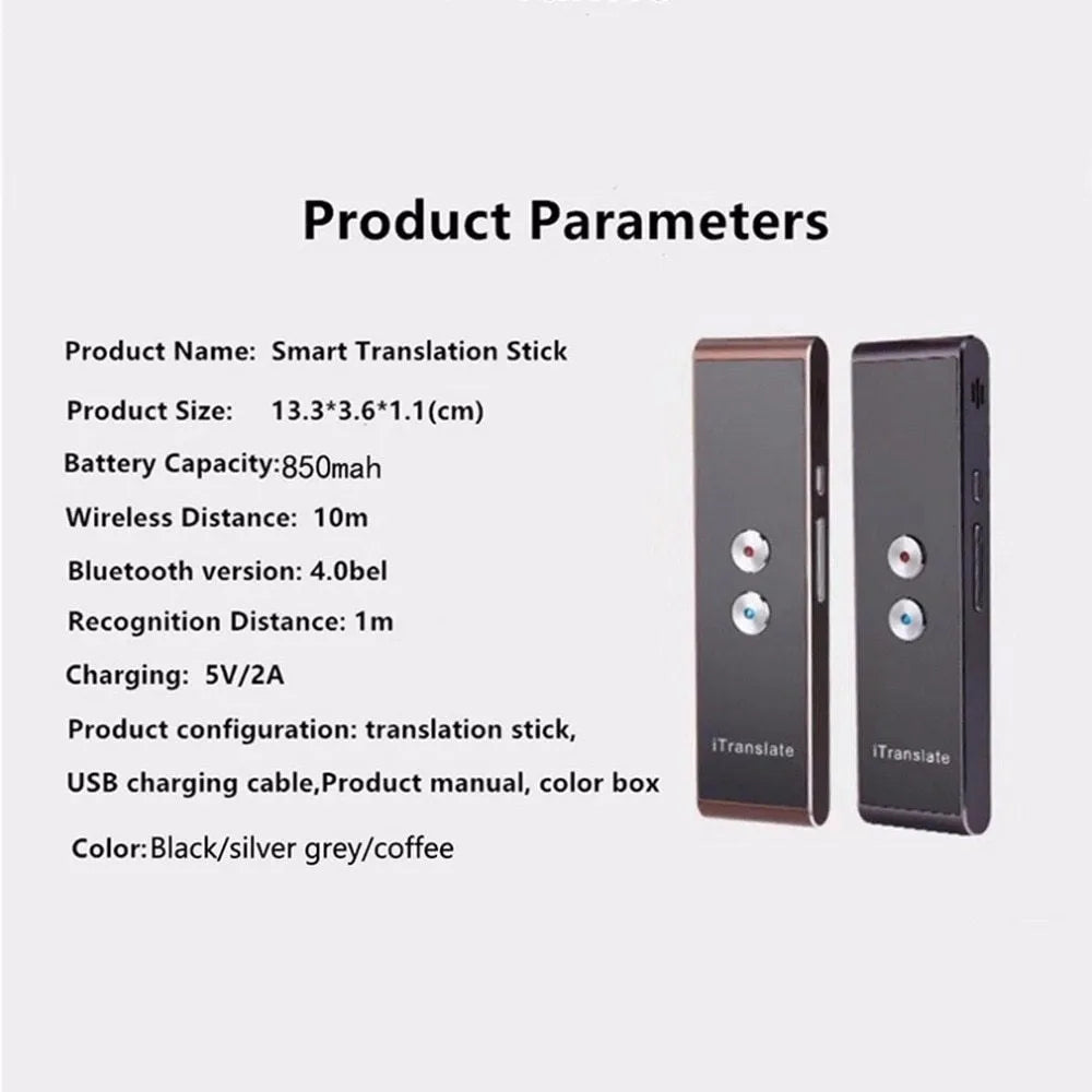 Black wireless voice translator with Bluetooth on white background next to smart phone