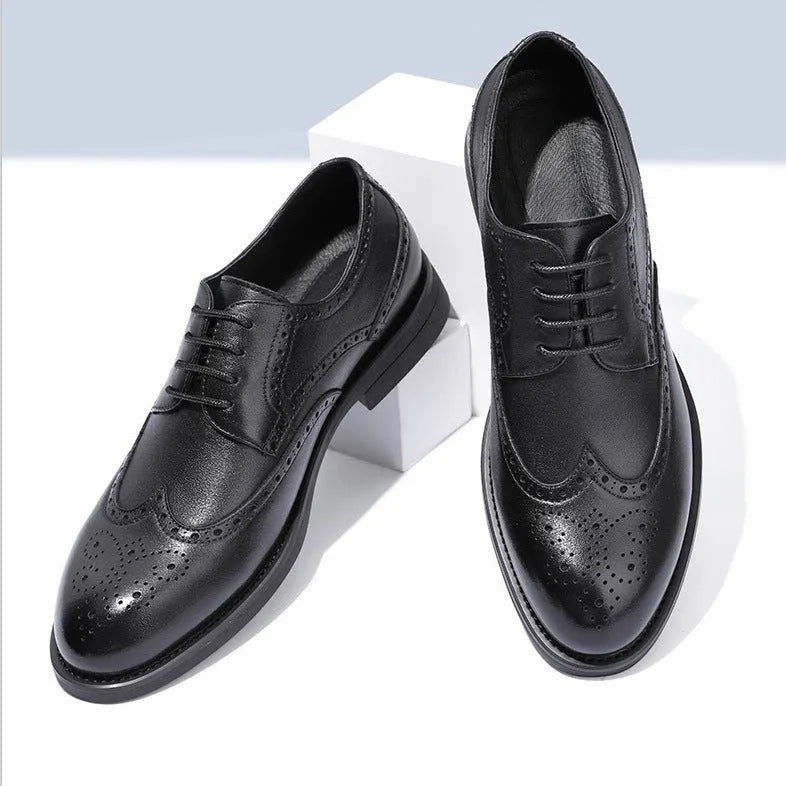 Men's black and brown brogue leather shoes for business occasions with traditional perforated detailing