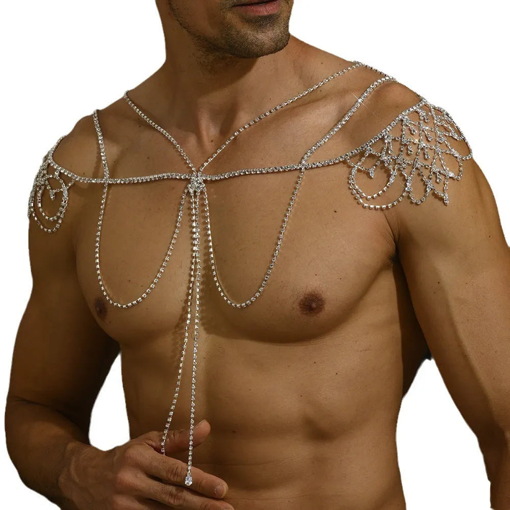 Men's multi-layer tassel shoulder chain with rhinestone accents, gold, alloy
