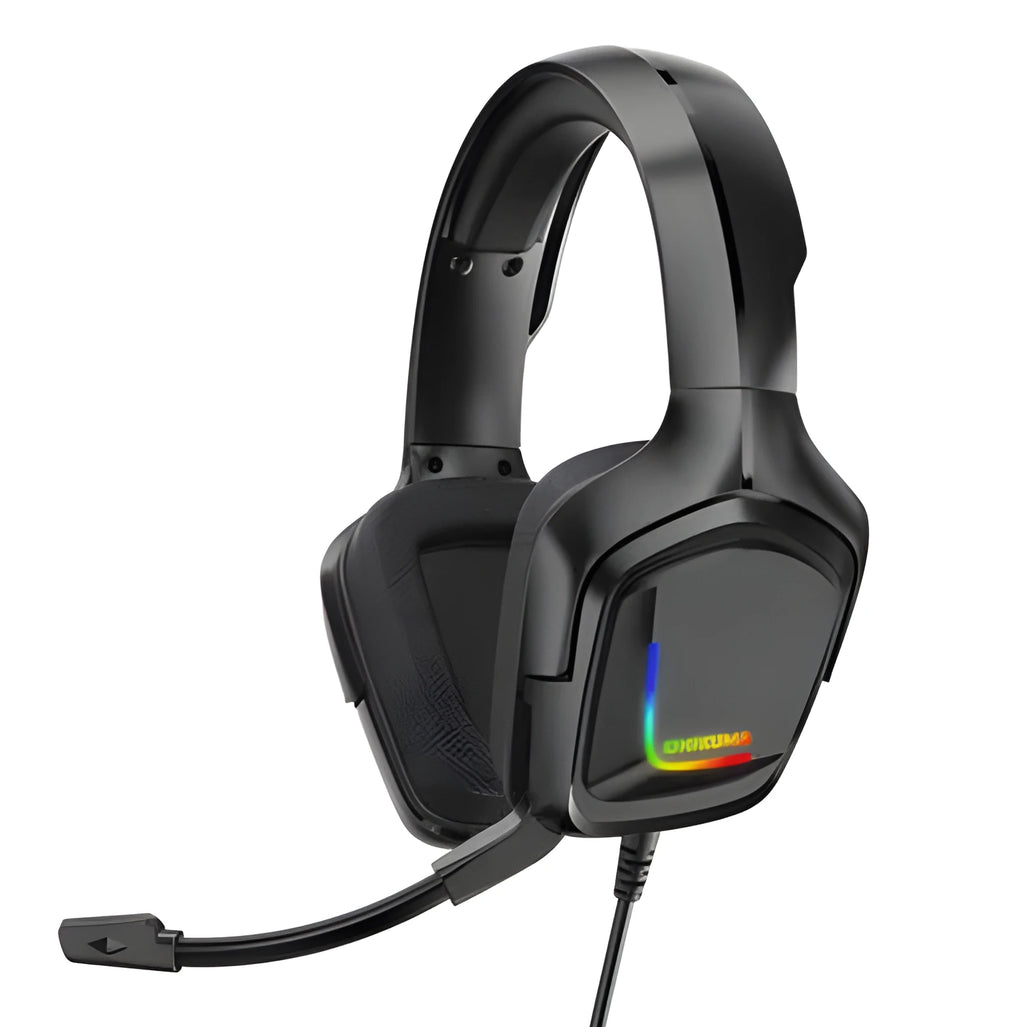RGB luminous wired gaming headset with braided cable and cloth earmuffs in camouflage grey