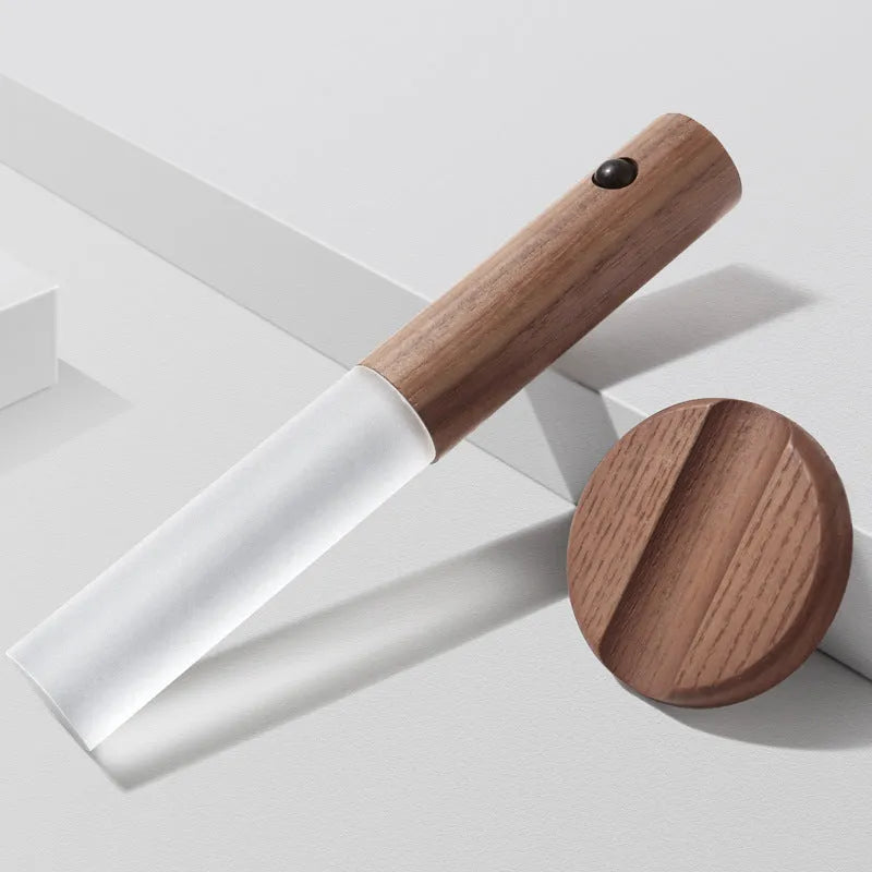Solid wood smart sensor LED desk lamp showing coffee colour finish and compact dimensions