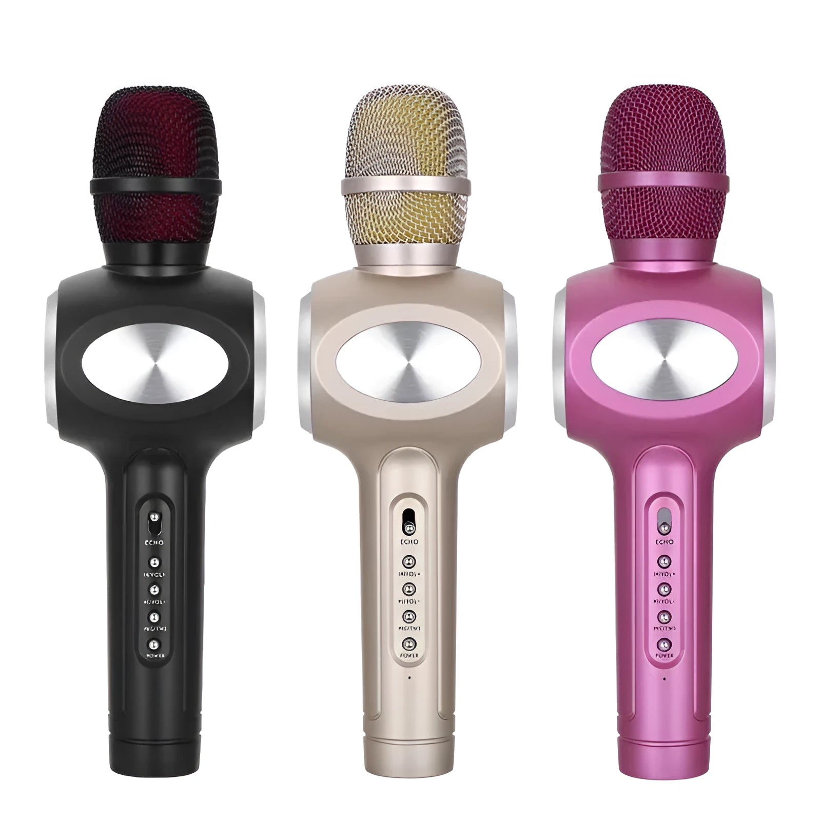 Yaerjia E108 wireless karaoke microphone in black, gold, or pink colours with built-in speaker