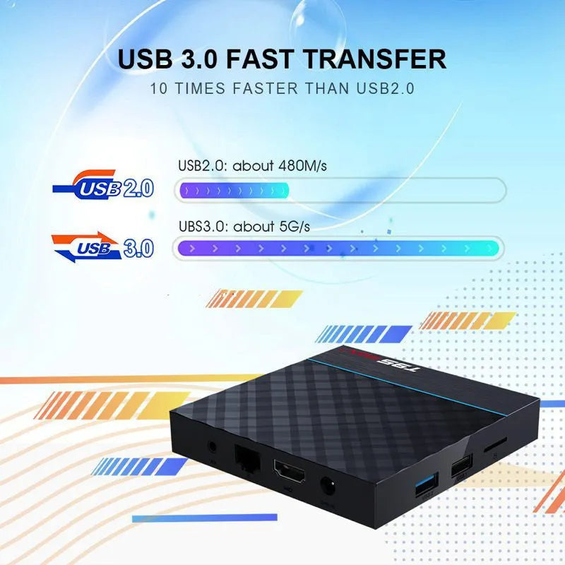 Black T95 Max Plus Android TV Box with remote, showing choice of EU, UK and US power plugs.