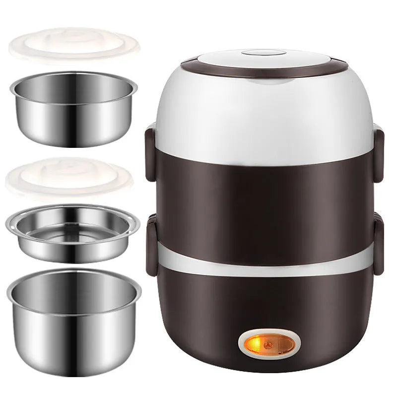Black portable electric lunch box with USB cable, showing two-layer and three-layer capacity options.
