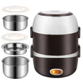 Black portable electric lunch box with USB cable, showing two-layer and three-layer capacity options.