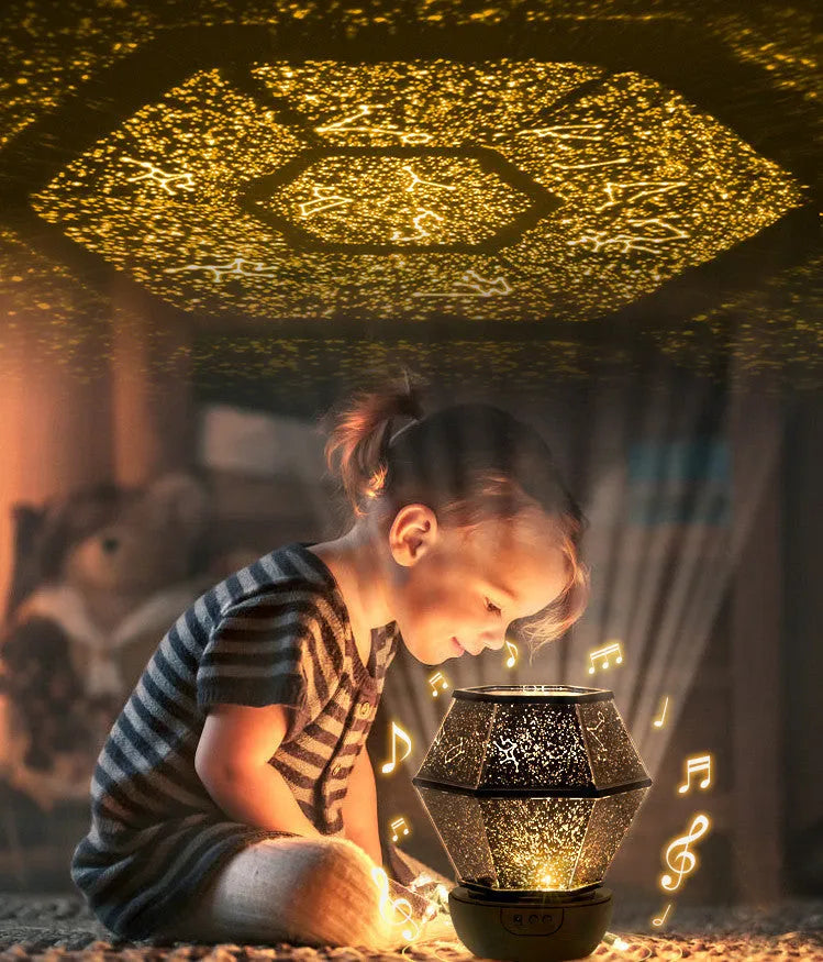 Children's rotating stars LED night light projecting three-colour starlight patterns on a bedroom ceiling