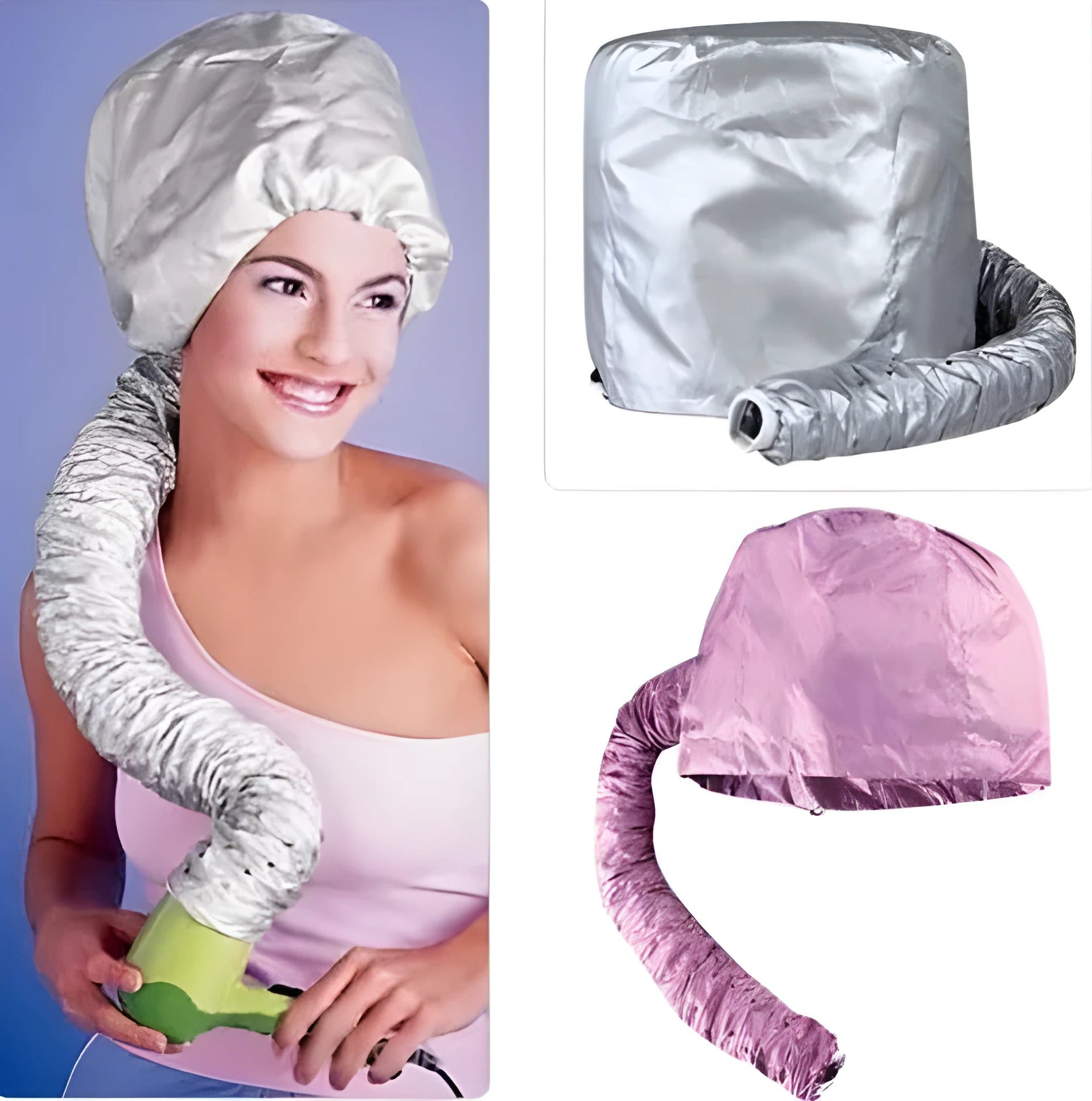 Universal hair dryer bonnet hood attachment with elastic tube end and drawstring closure