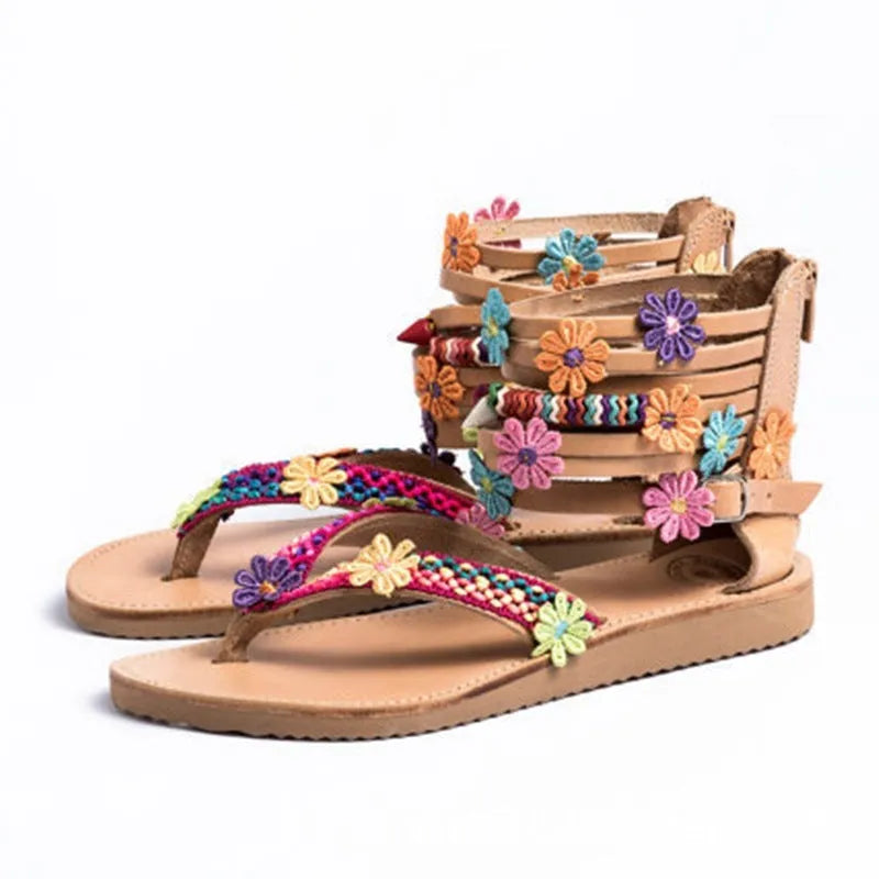Ethnic style beaded petal sandals with round toe and floral decoration in various sizes