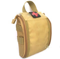 Tactical medical kit open to show first aid supplies like bandages, gauze, and medicines.