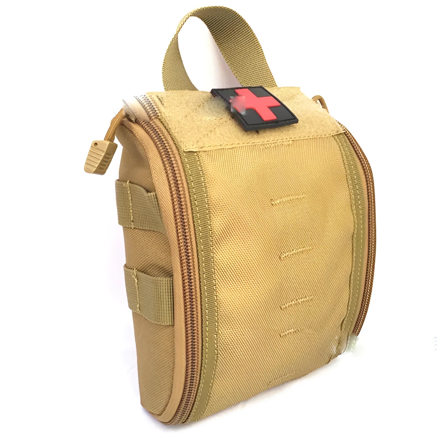 Tactical medical kit open to show first aid supplies like bandages, gauze, and medicines.