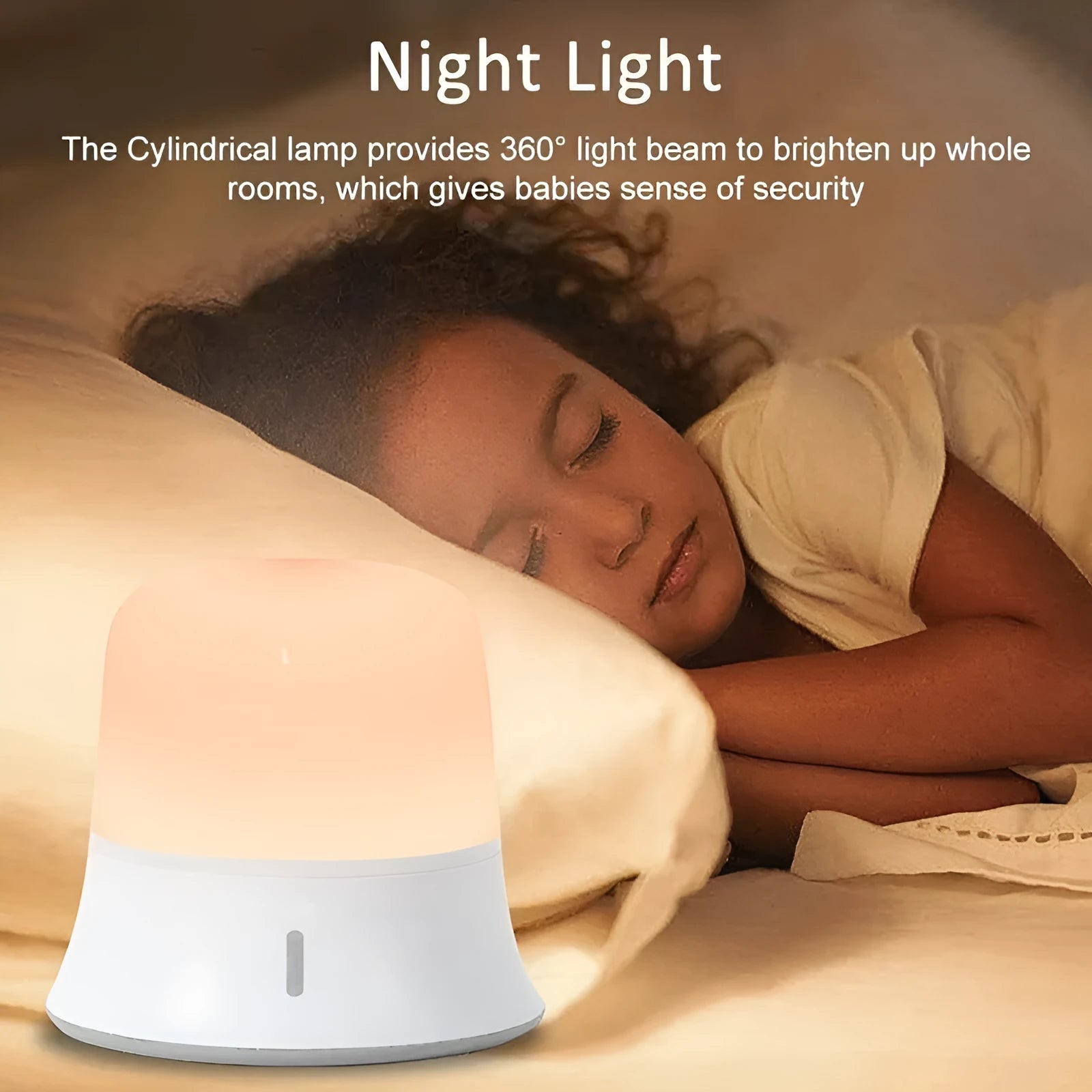 White bedside touch night light showing dimming control and colour change features